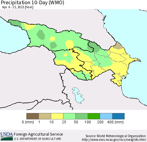 Azerbaijan, Armenia and Georgia Precipitation 10-Day (WMO) Thematic Map For 4/6/2023 - 4/15/2023