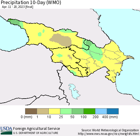 Azerbaijan, Armenia and Georgia Precipitation 10-Day (WMO) Thematic Map For 4/11/2023 - 4/20/2023