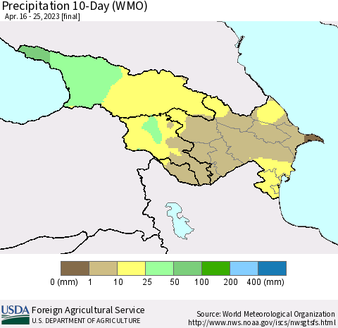 Azerbaijan, Armenia and Georgia Precipitation 10-Day (WMO) Thematic Map For 4/16/2023 - 4/25/2023