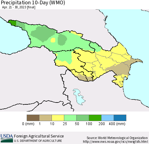 Azerbaijan, Armenia and Georgia Precipitation 10-Day (WMO) Thematic Map For 4/21/2023 - 4/30/2023