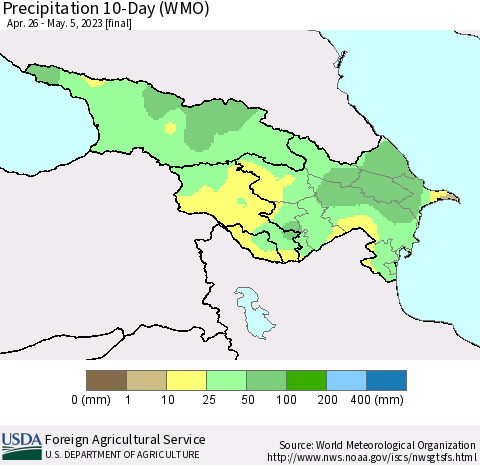 Azerbaijan, Armenia and Georgia Precipitation 10-Day (WMO) Thematic Map For 4/26/2023 - 5/5/2023