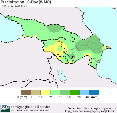 Azerbaijan, Armenia and Georgia Precipitation 10-Day (WMO) Thematic Map For 5/1/2023 - 5/10/2023