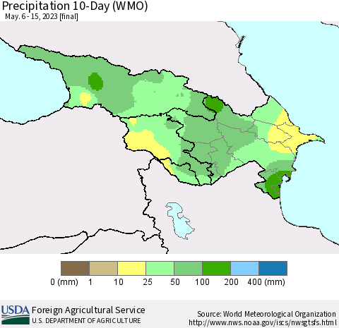 Azerbaijan, Armenia and Georgia Precipitation 10-Day (WMO) Thematic Map For 5/6/2023 - 5/15/2023