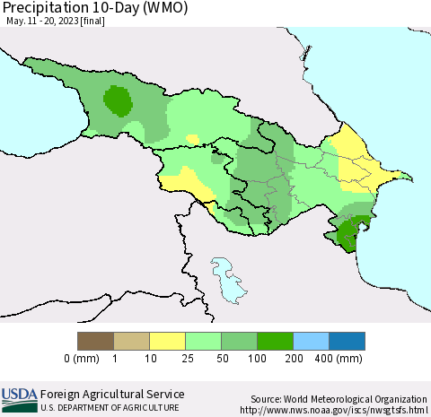Azerbaijan, Armenia and Georgia Precipitation 10-Day (WMO) Thematic Map For 5/11/2023 - 5/20/2023