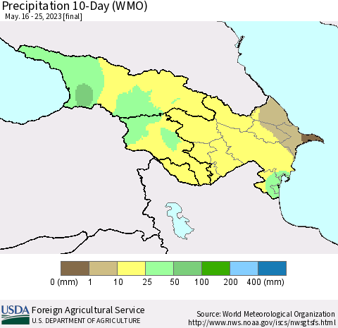 Azerbaijan, Armenia and Georgia Precipitation 10-Day (WMO) Thematic Map For 5/16/2023 - 5/25/2023