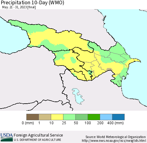 Azerbaijan, Armenia and Georgia Precipitation 10-Day (WMO) Thematic Map For 5/21/2023 - 5/31/2023