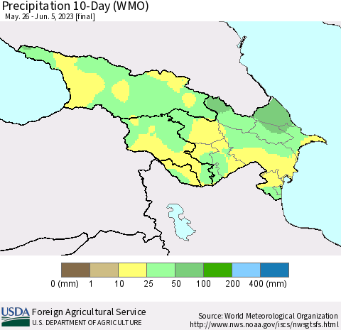 Azerbaijan, Armenia and Georgia Precipitation 10-Day (WMO) Thematic Map For 5/26/2023 - 6/5/2023