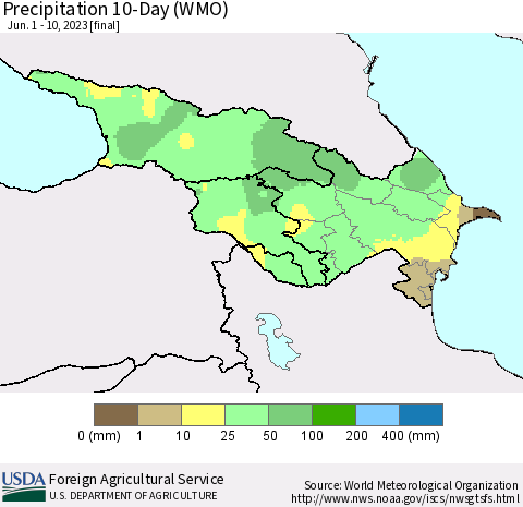 Azerbaijan, Armenia and Georgia Precipitation 10-Day (WMO) Thematic Map For 6/1/2023 - 6/10/2023