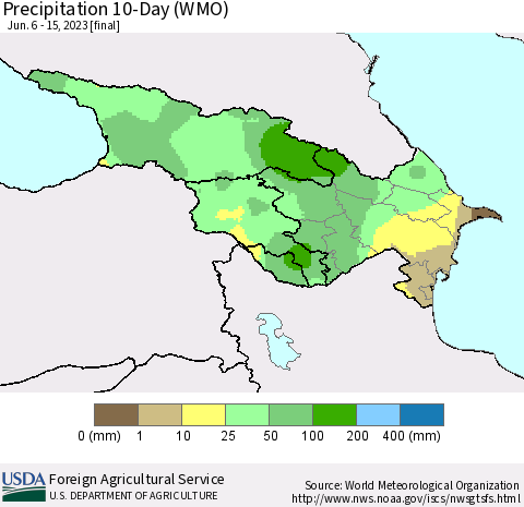 Azerbaijan, Armenia and Georgia Precipitation 10-Day (WMO) Thematic Map For 6/6/2023 - 6/15/2023