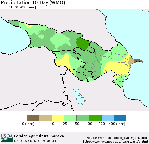 Azerbaijan, Armenia and Georgia Precipitation 10-Day (WMO) Thematic Map For 6/11/2023 - 6/20/2023