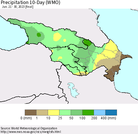 Azerbaijan, Armenia and Georgia Precipitation 10-Day (WMO) Thematic Map For 6/21/2023 - 6/30/2023
