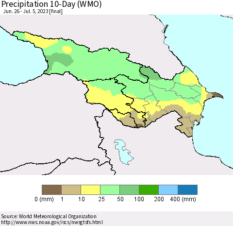 Azerbaijan, Armenia and Georgia Precipitation 10-Day (WMO) Thematic Map For 6/26/2023 - 7/5/2023