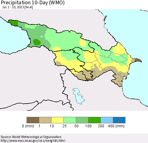 Azerbaijan, Armenia and Georgia Precipitation 10-Day (WMO) Thematic Map For 7/1/2023 - 7/10/2023