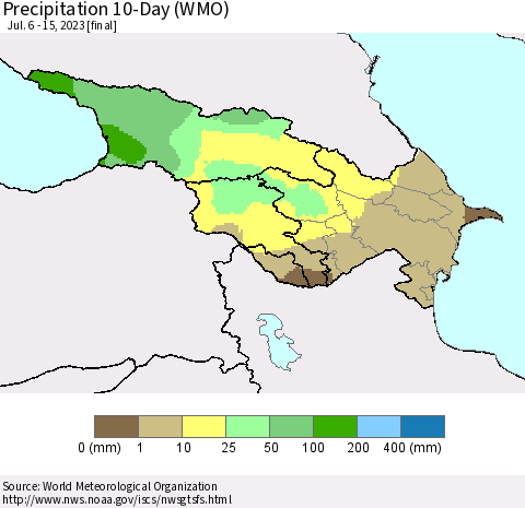 Azerbaijan, Armenia and Georgia Precipitation 10-Day (WMO) Thematic Map For 7/6/2023 - 7/15/2023