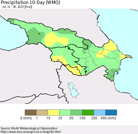 Azerbaijan, Armenia and Georgia Precipitation 10-Day (WMO) Thematic Map For 7/11/2023 - 7/20/2023