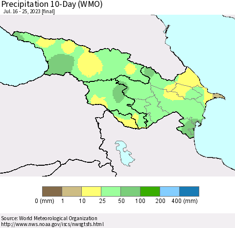 Azerbaijan, Armenia and Georgia Precipitation 10-Day (WMO) Thematic Map For 7/16/2023 - 7/25/2023