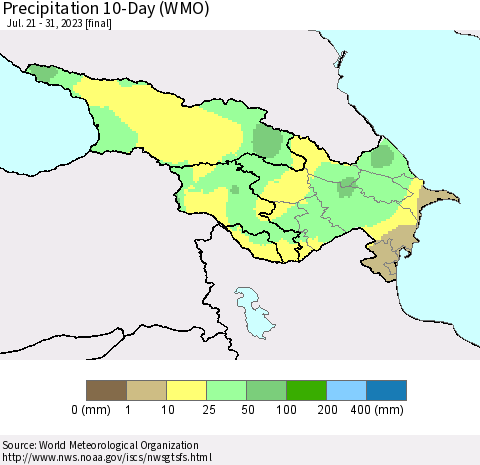 Azerbaijan, Armenia and Georgia Precipitation 10-Day (WMO) Thematic Map For 7/21/2023 - 7/31/2023