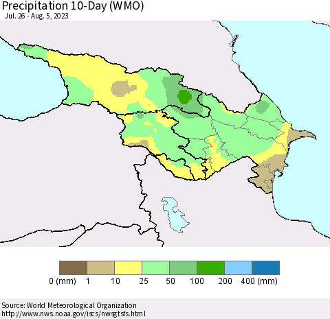 Azerbaijan, Armenia and Georgia Precipitation 10-Day (WMO) Thematic Map For 7/26/2023 - 8/5/2023