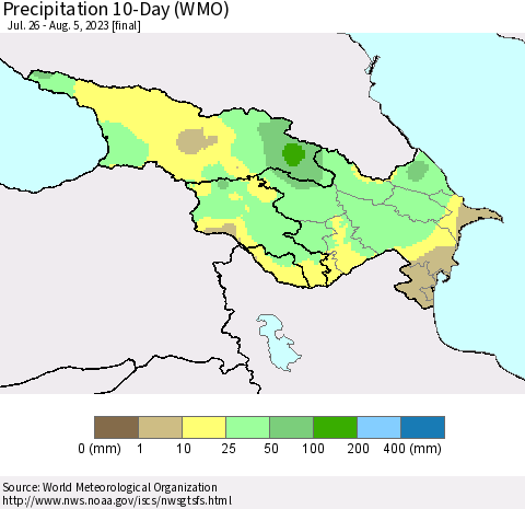 Azerbaijan, Armenia and Georgia Precipitation 10-Day (WMO) Thematic Map For 7/26/2023 - 8/5/2023