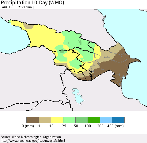 Azerbaijan, Armenia and Georgia Precipitation 10-Day (WMO) Thematic Map For 8/1/2023 - 8/10/2023
