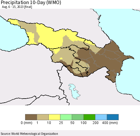 Azerbaijan, Armenia and Georgia Precipitation 10-Day (WMO) Thematic Map For 8/6/2023 - 8/15/2023