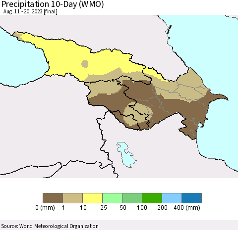 Azerbaijan, Armenia and Georgia Precipitation 10-Day (WMO) Thematic Map For 8/11/2023 - 8/20/2023