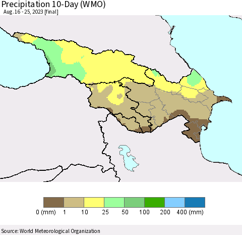Azerbaijan, Armenia and Georgia Precipitation 10-Day (WMO) Thematic Map For 8/16/2023 - 8/25/2023