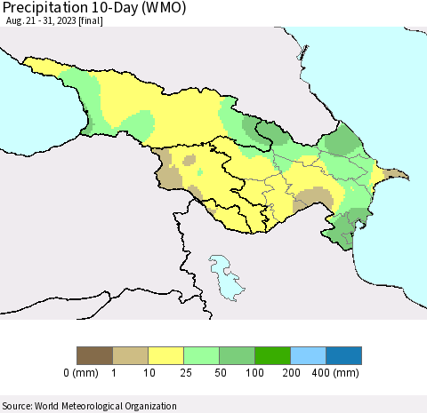 Azerbaijan, Armenia and Georgia Precipitation 10-Day (WMO) Thematic Map For 8/21/2023 - 8/31/2023