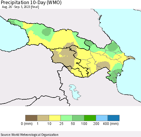 Azerbaijan, Armenia and Georgia Precipitation 10-Day (WMO) Thematic Map For 8/26/2023 - 9/5/2023