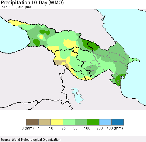 Azerbaijan, Armenia and Georgia Precipitation 10-Day (WMO) Thematic Map For 9/6/2023 - 9/15/2023