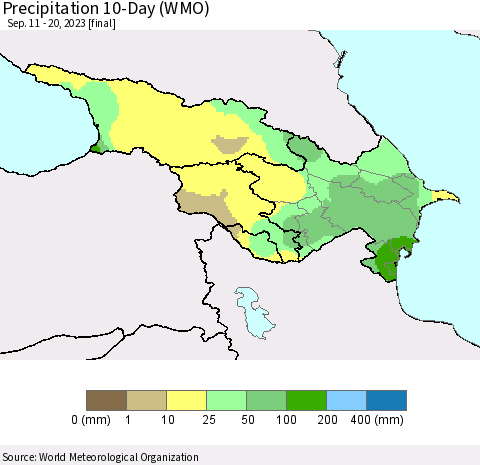 Azerbaijan, Armenia and Georgia Precipitation 10-Day (WMO) Thematic Map For 9/11/2023 - 9/20/2023