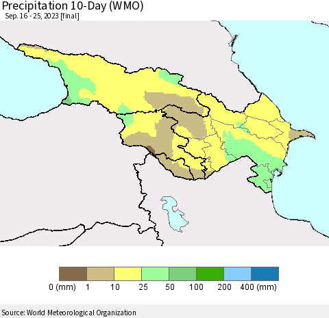 Azerbaijan, Armenia and Georgia Precipitation 10-Day (WMO) Thematic Map For 9/16/2023 - 9/25/2023