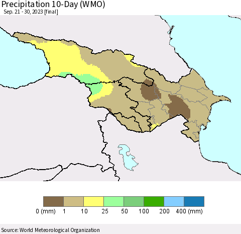 Azerbaijan, Armenia and Georgia Precipitation 10-Day (WMO) Thematic Map For 9/21/2023 - 9/30/2023