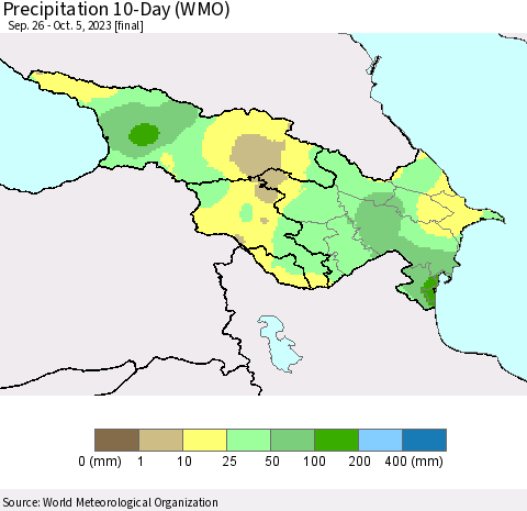Azerbaijan, Armenia and Georgia Precipitation 10-Day (WMO) Thematic Map For 9/26/2023 - 10/5/2023