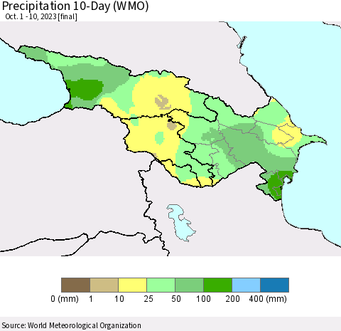 Azerbaijan, Armenia and Georgia Precipitation 10-Day (WMO) Thematic Map For 10/1/2023 - 10/10/2023
