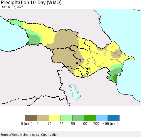 Azerbaijan, Armenia and Georgia Precipitation 10-Day (WMO) Thematic Map For 10/6/2023 - 10/15/2023