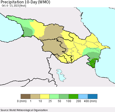 Azerbaijan, Armenia and Georgia Precipitation 10-Day (WMO) Thematic Map For 10/6/2023 - 10/15/2023
