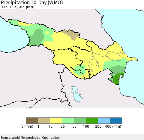 Azerbaijan, Armenia and Georgia Precipitation 10-Day (WMO) Thematic Map For 10/11/2023 - 10/20/2023