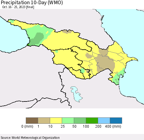 Azerbaijan, Armenia and Georgia Precipitation 10-Day (WMO) Thematic Map For 10/16/2023 - 10/25/2023