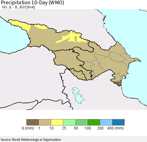 Azerbaijan, Armenia and Georgia Precipitation 10-Day (WMO) Thematic Map For 10/21/2023 - 10/31/2023
