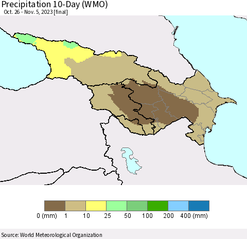 Azerbaijan, Armenia and Georgia Precipitation 10-Day (WMO) Thematic Map For 10/26/2023 - 11/5/2023