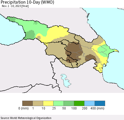 Azerbaijan, Armenia and Georgia Precipitation 10-Day (WMO) Thematic Map For 11/1/2023 - 11/10/2023