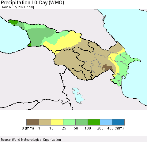 Azerbaijan, Armenia and Georgia Precipitation 10-Day (WMO) Thematic Map For 11/6/2023 - 11/15/2023
