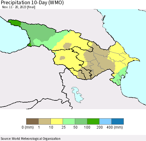Azerbaijan, Armenia and Georgia Precipitation 10-Day (WMO) Thematic Map For 11/11/2023 - 11/20/2023