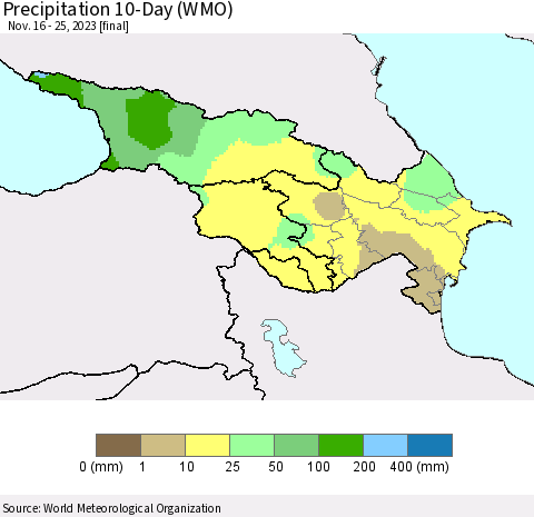 Azerbaijan, Armenia and Georgia Precipitation 10-Day (WMO) Thematic Map For 11/16/2023 - 11/25/2023