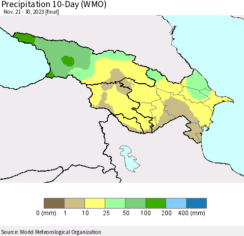 Azerbaijan, Armenia and Georgia Precipitation 10-Day (WMO) Thematic Map For 11/21/2023 - 11/30/2023