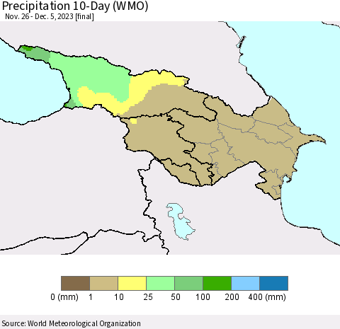 Azerbaijan, Armenia and Georgia Precipitation 10-Day (WMO) Thematic Map For 11/26/2023 - 12/5/2023