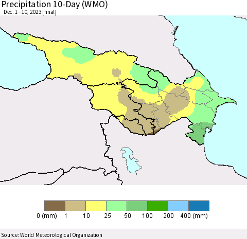 Azerbaijan, Armenia and Georgia Precipitation 10-Day (WMO) Thematic Map For 12/1/2023 - 12/10/2023
