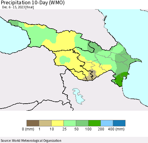 Azerbaijan, Armenia and Georgia Precipitation 10-Day (WMO) Thematic Map For 12/6/2023 - 12/15/2023