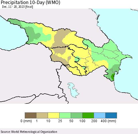 Azerbaijan, Armenia and Georgia Precipitation 10-Day (WMO) Thematic Map For 12/11/2023 - 12/20/2023
